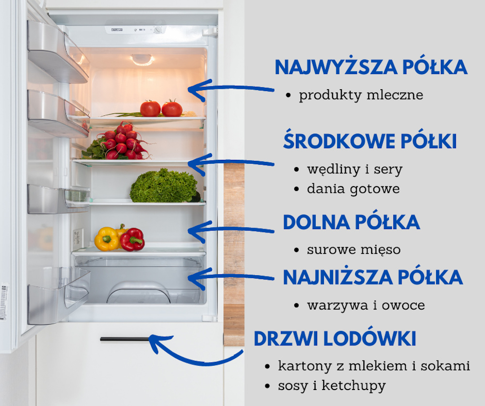  infografika dotycząca przechowywania żywności w lodówce w zależności od temperatury