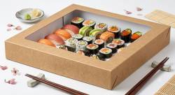 Obrazek 2 dla: PUDEŁKO NA SUSHI KRAFT Z OKNEM 320X320X50mm P10437 50szt